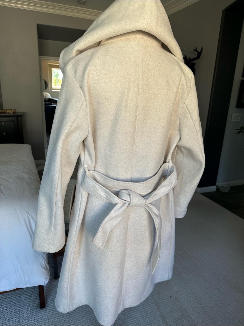 Zara Cream Hooded Wrap Coat with Self-Tie Belt, size medium - Picture 4 of 17